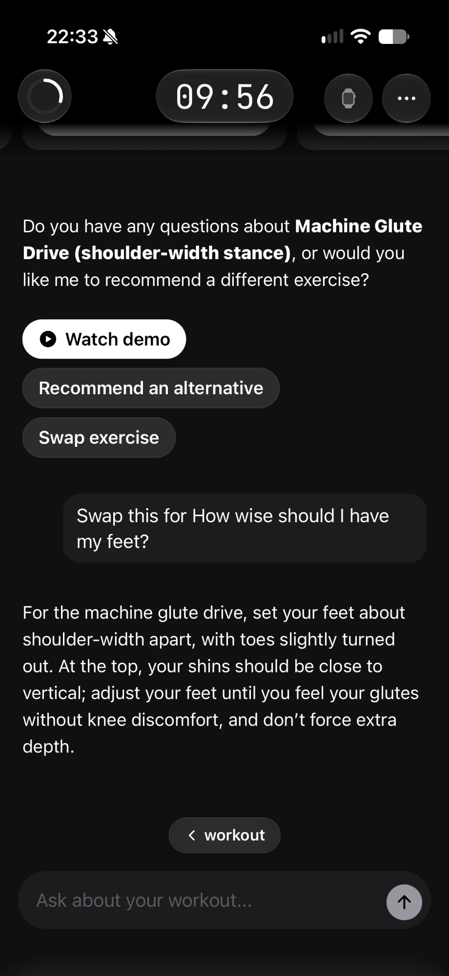 trainerX coach chat mid-workout: asked how wide to set the feet on a machine glute drive, it answers with specific form advice