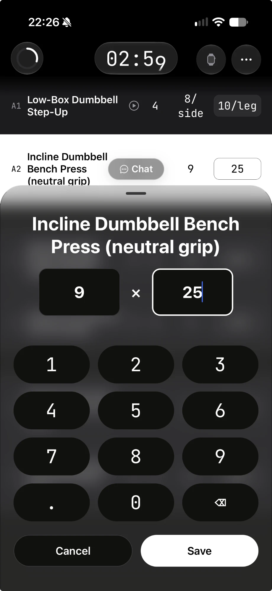 The trainerX workout screen: logging a set of incline dumbbell bench press — 9 reps at 25 — on the number pad, with the rest timer running above