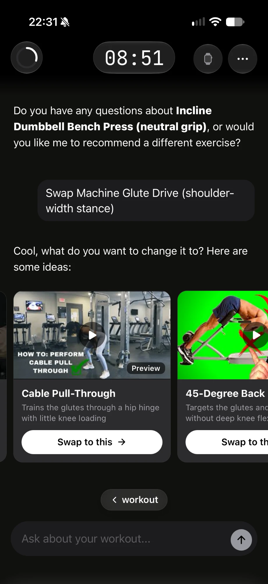 trainerX suggesting alternative exercises mid-workout, with video previews and one-tap swap buttons