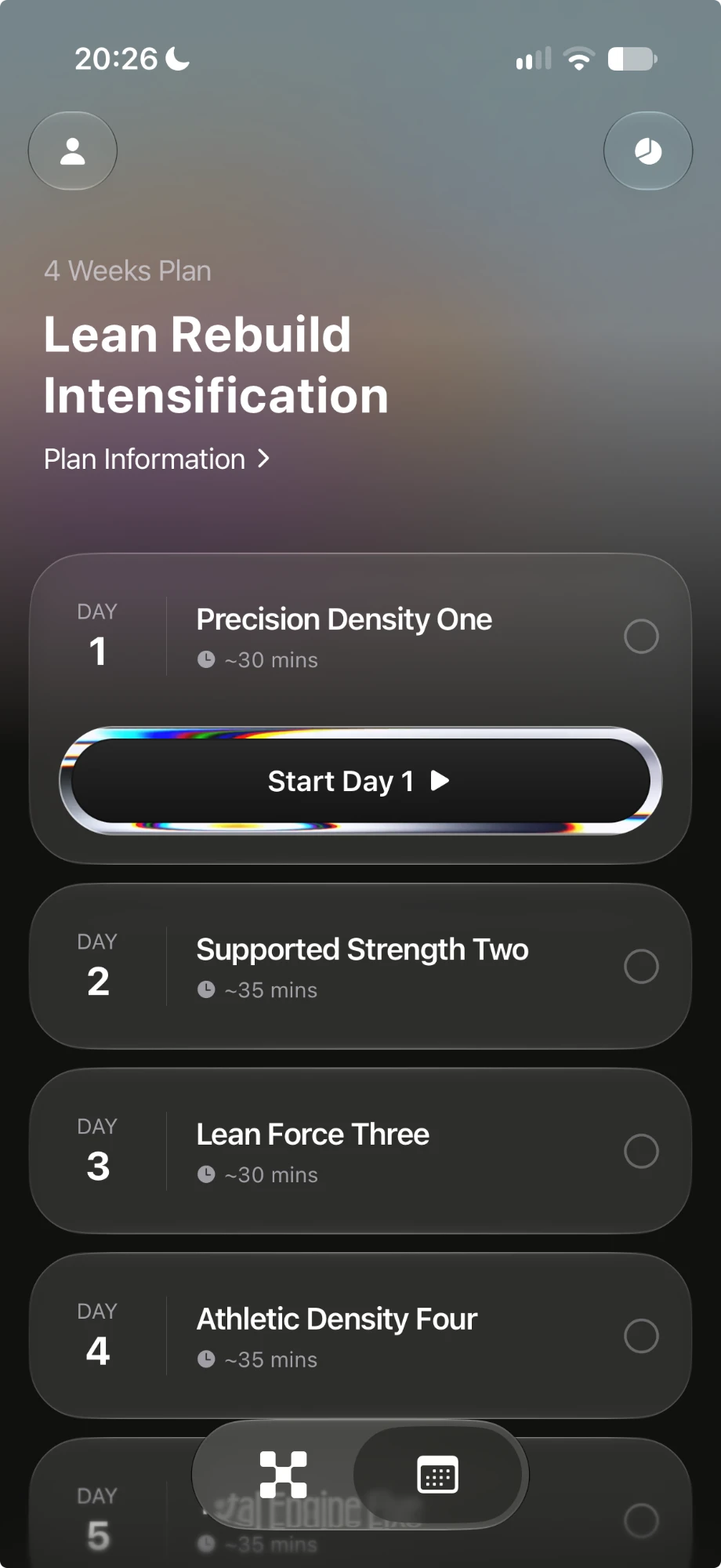 The trainerX plan screen: a 4-week plan called Lean Rebuild Intensification, each day's workout listed with its estimated time, and a Start Day 1 button