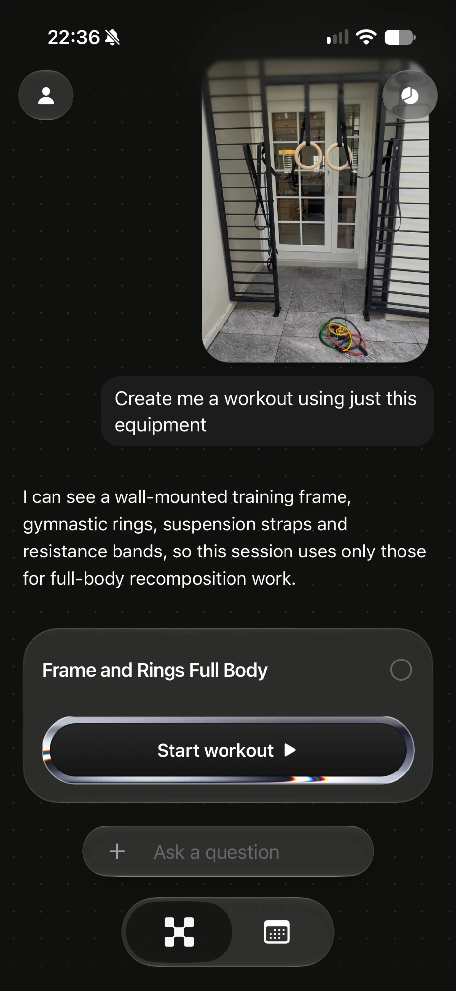trainerX building a full-body workout from a photo of gym equipment: a wall-mounted frame, gymnastic rings, suspension straps and resistance bands
